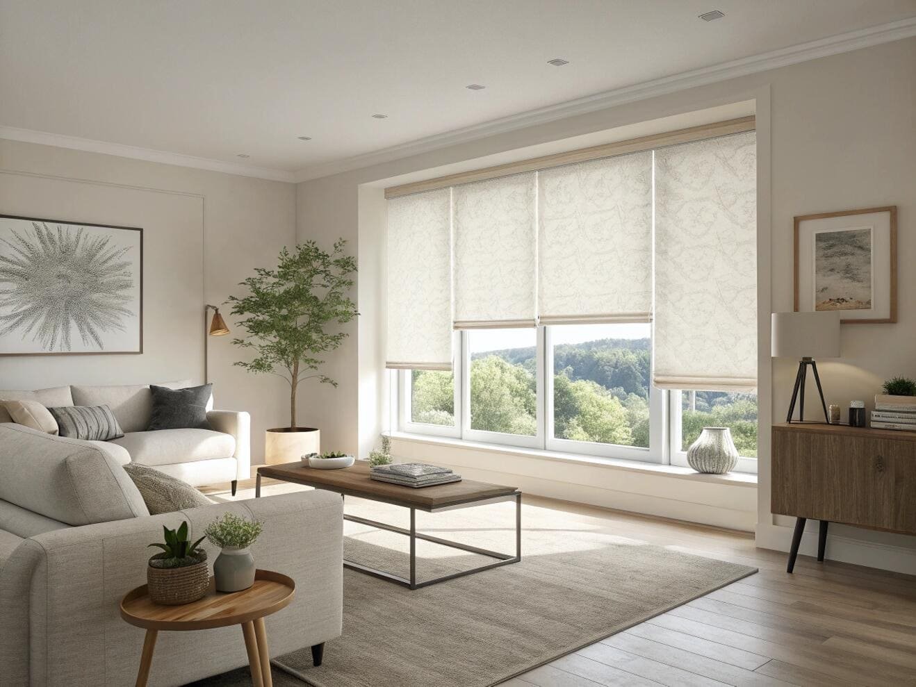 Minimalist living room with patterned roller shades for soft natural light.
