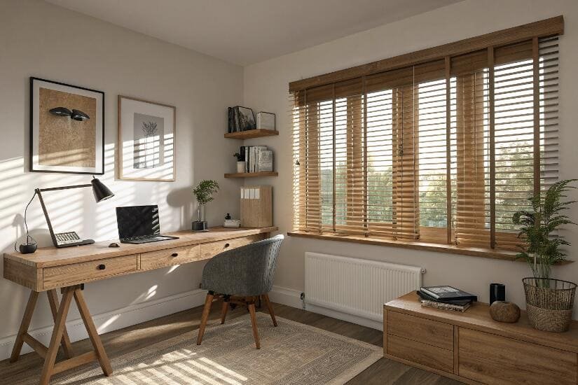 Home office with wooden desk and warm natural wooden Venetian blinds.
