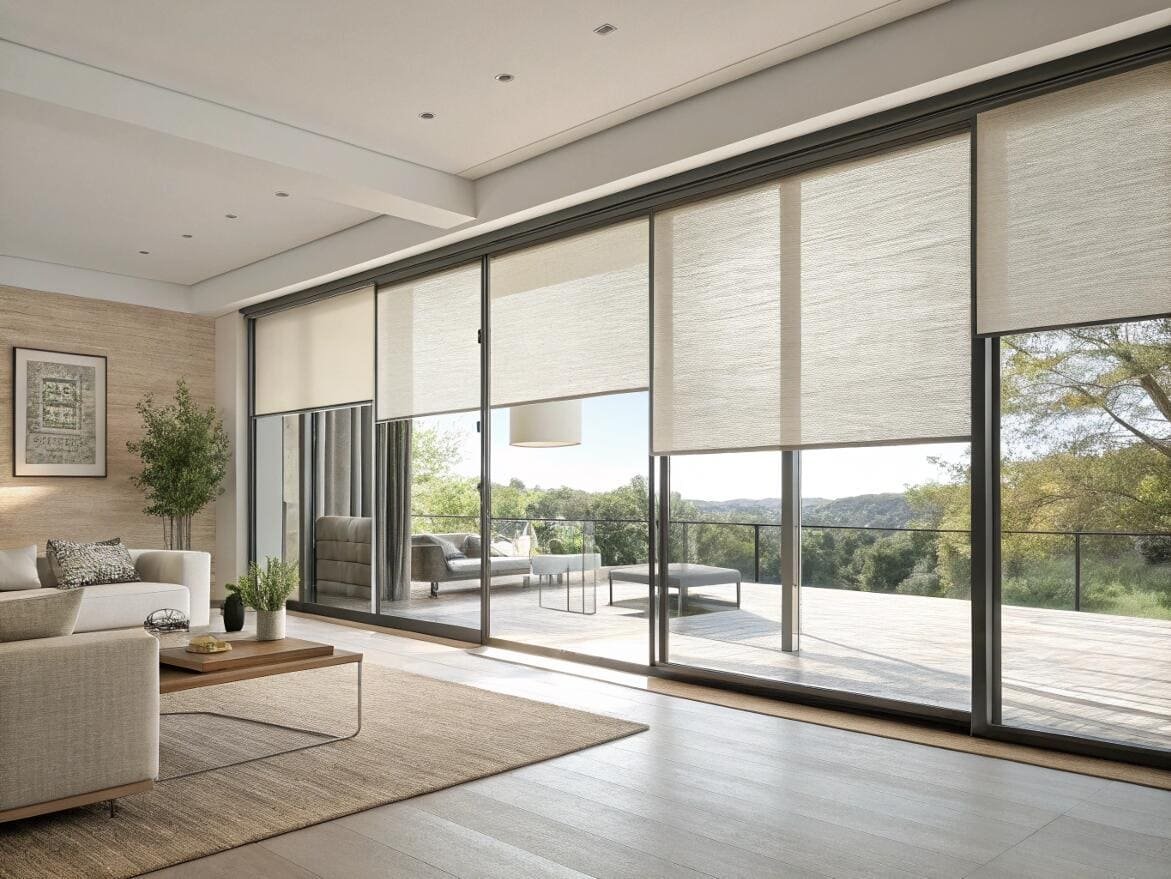 Contemporary living room with motorized solar shades on floor-to-ceiling glass doors.