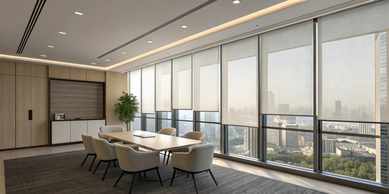Modern office with commercial solar shades for glare reduction and city views.