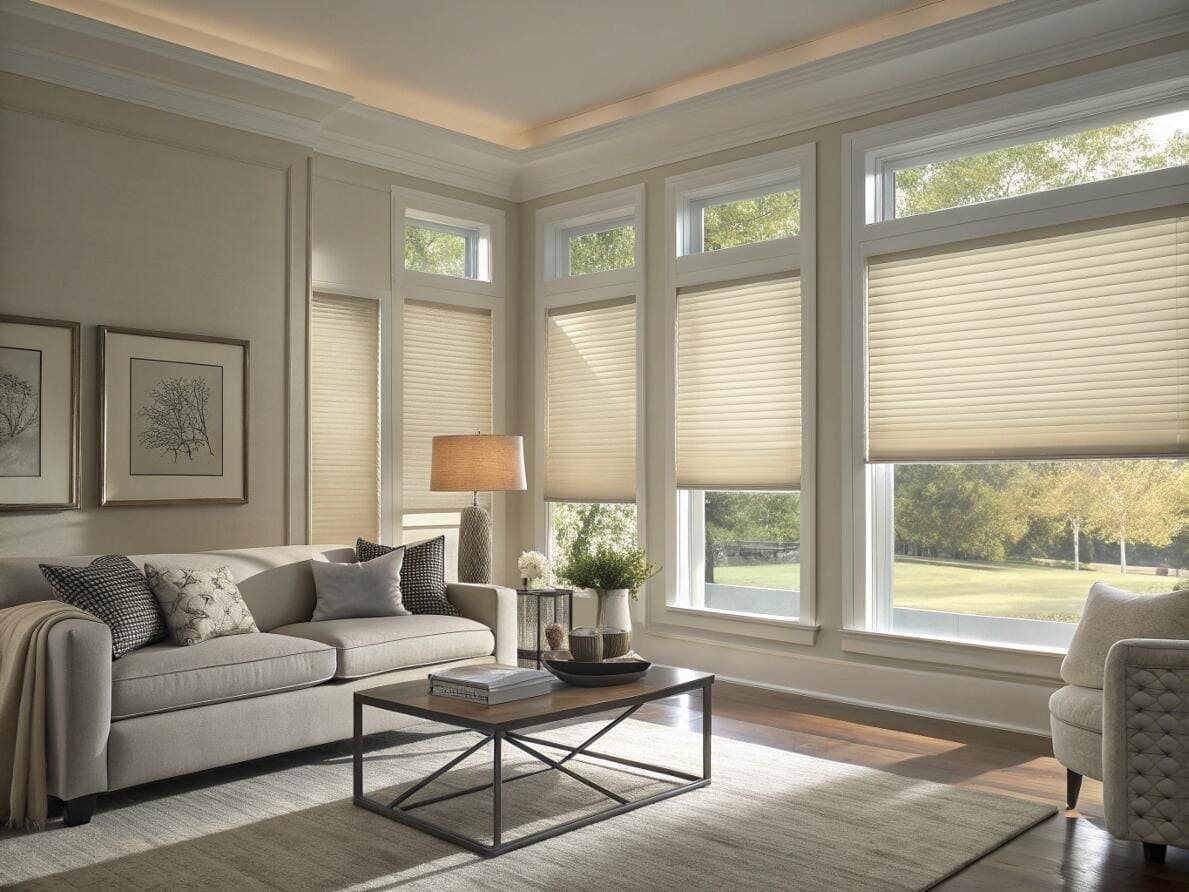 Elegant living room with energy-efficient light-filtering cellular shades for a soft ambiance.
