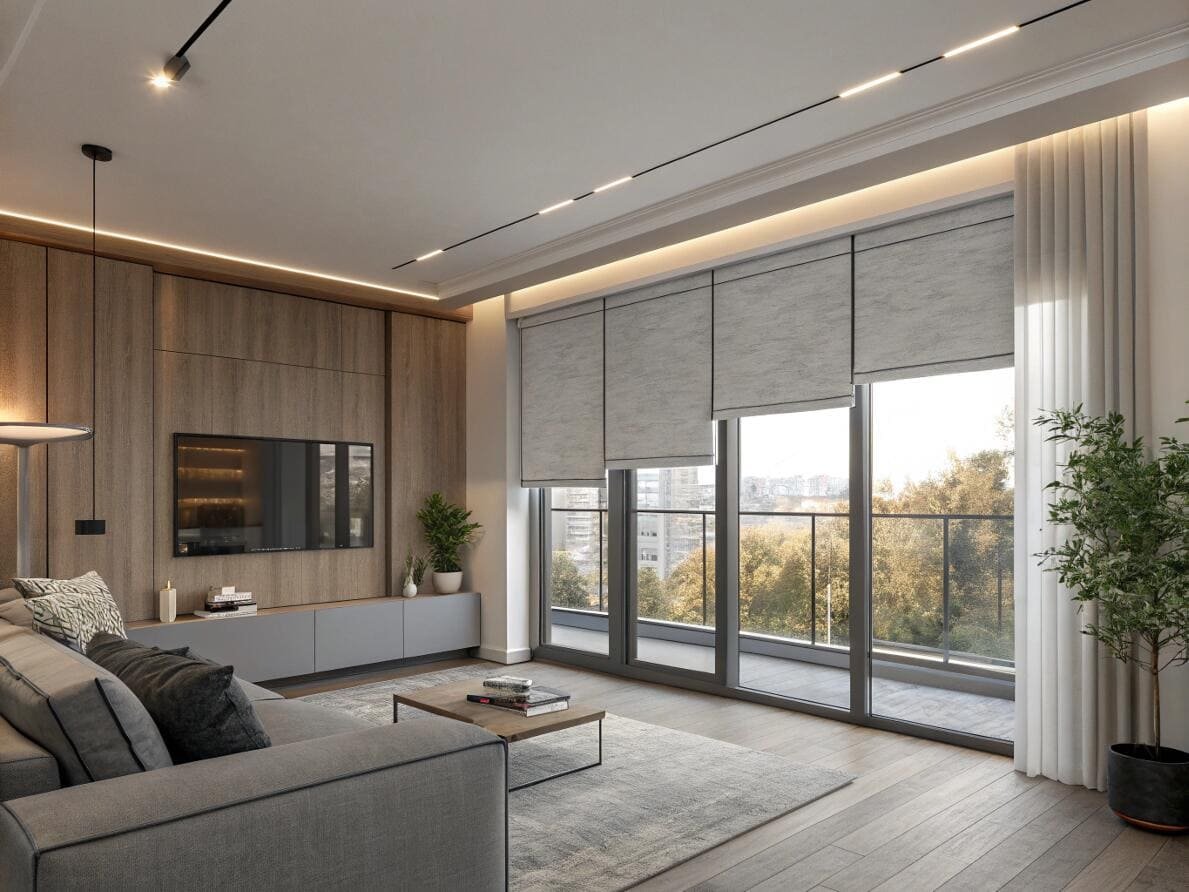 Modern living room with motorized grey roller shades for smart light control.