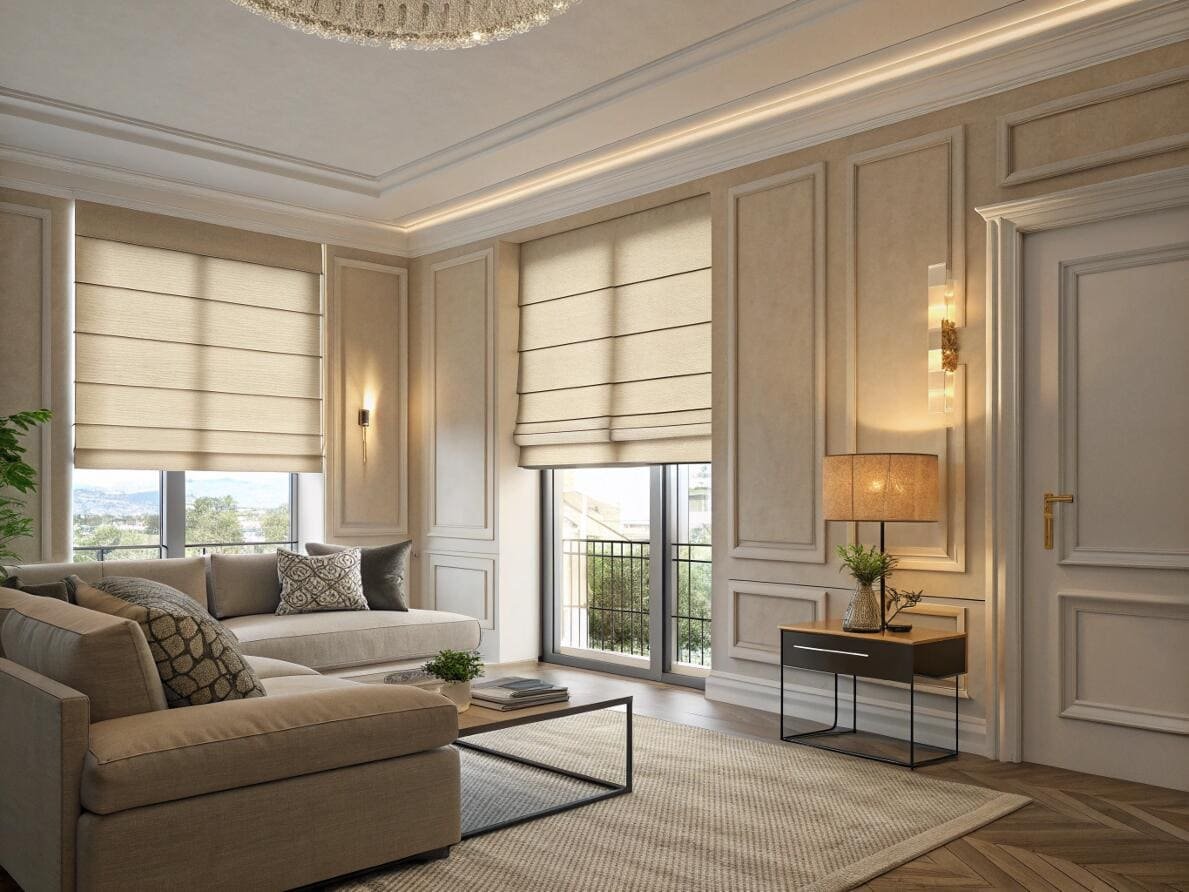 Elegant living room with classic paneling and light-filtering beige Roman shades.