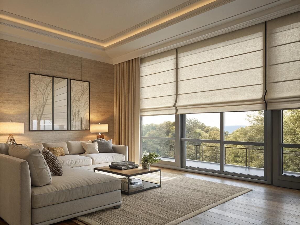 Luxurious living room with large custom Roman shades providing elegant light control.