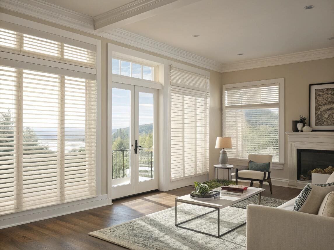 Elegant living room with light-filtering sheer horizontal shades on large windows.