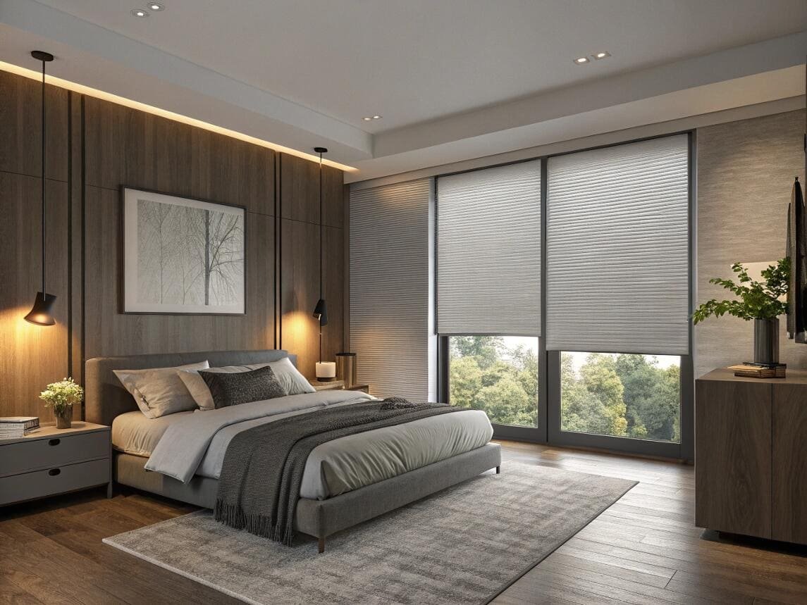 Modern bedroom featuring a wood accent wall and grey cellular shades for privacy.