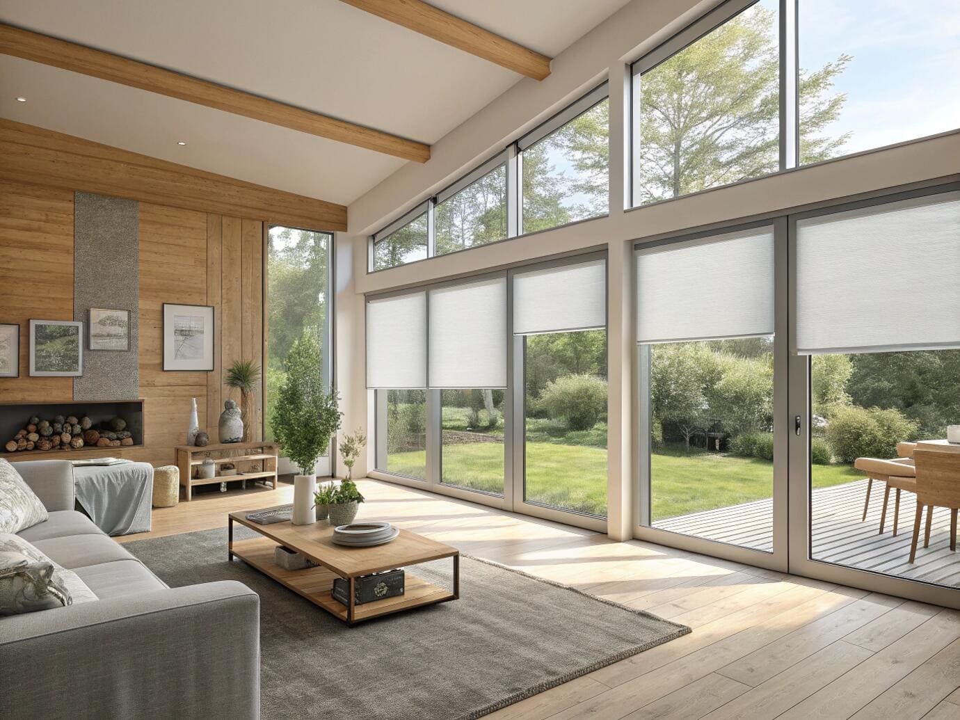 Modern great room with motorized solar shades for tall floor-to-ceiling windows.