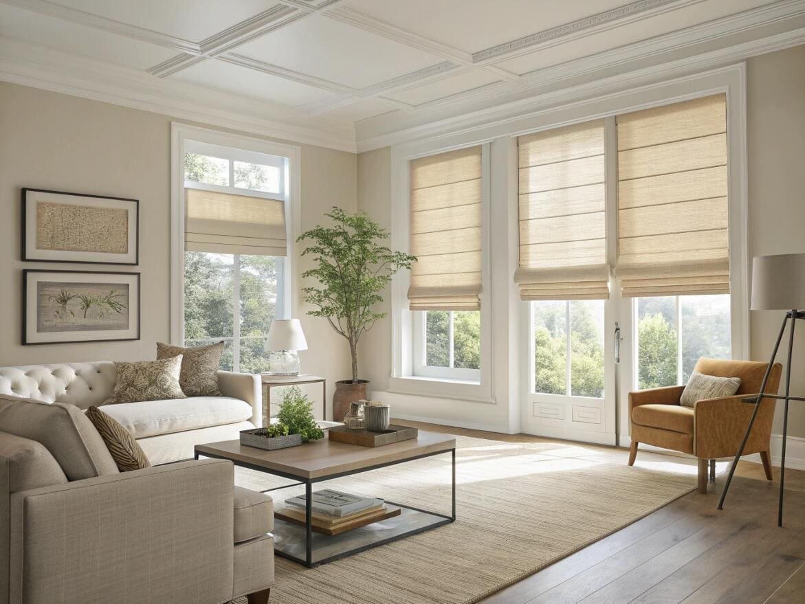 Elegant living room with custom linen Roman shades on windows and French doors.
