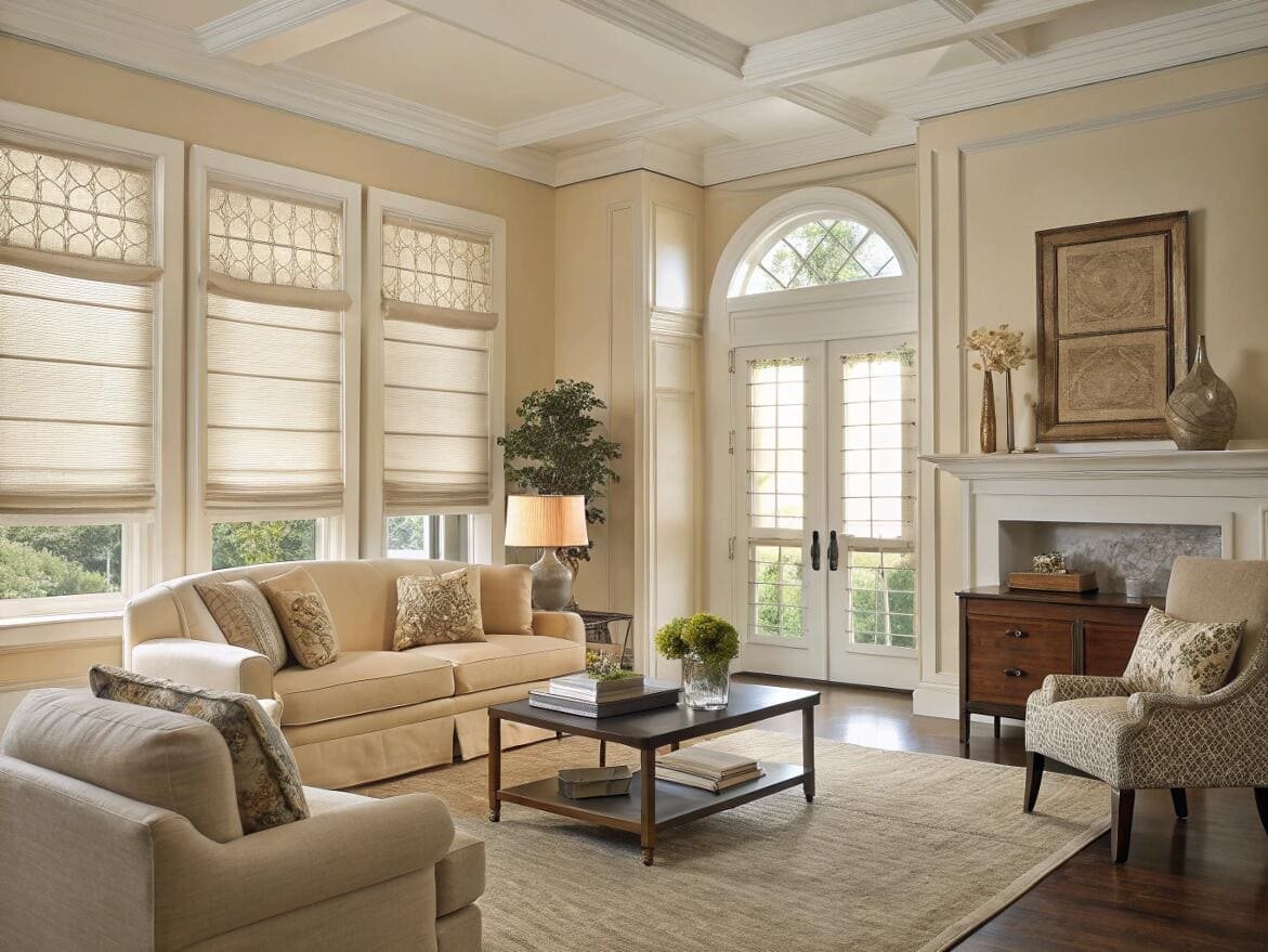 Traditional living room with custom top-down bottom-up shades for flexible light control.