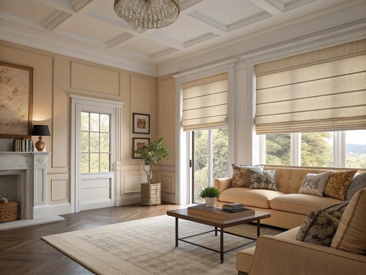 Stately living room with tan Roman shades on a sliding door and windows.