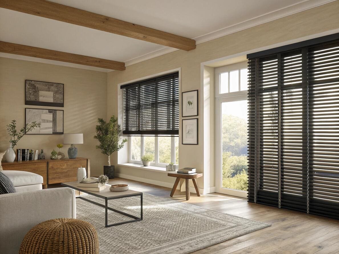Rustic living room featuring bold black wood blinds for a sophisticated, modern aesthetic.