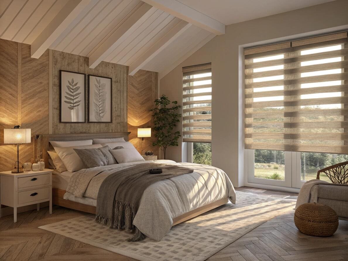 Rustic bedroom with a vaulted ceiling and warm, light-filtering zebra shades.