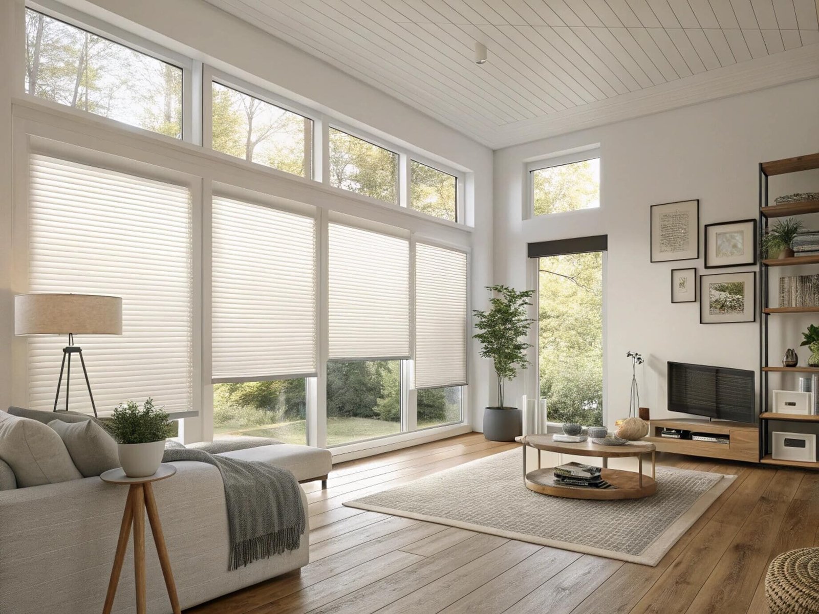 Sun-filled living room with white light-filtering cellular shades on large picture windows.