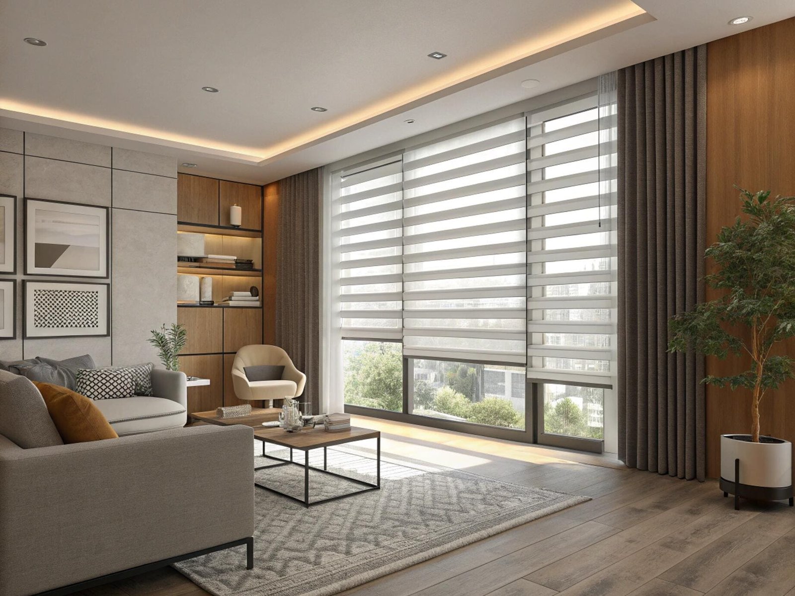 Contemporary living room featuring white motorized zebra shades on floor-to-ceiling windows.