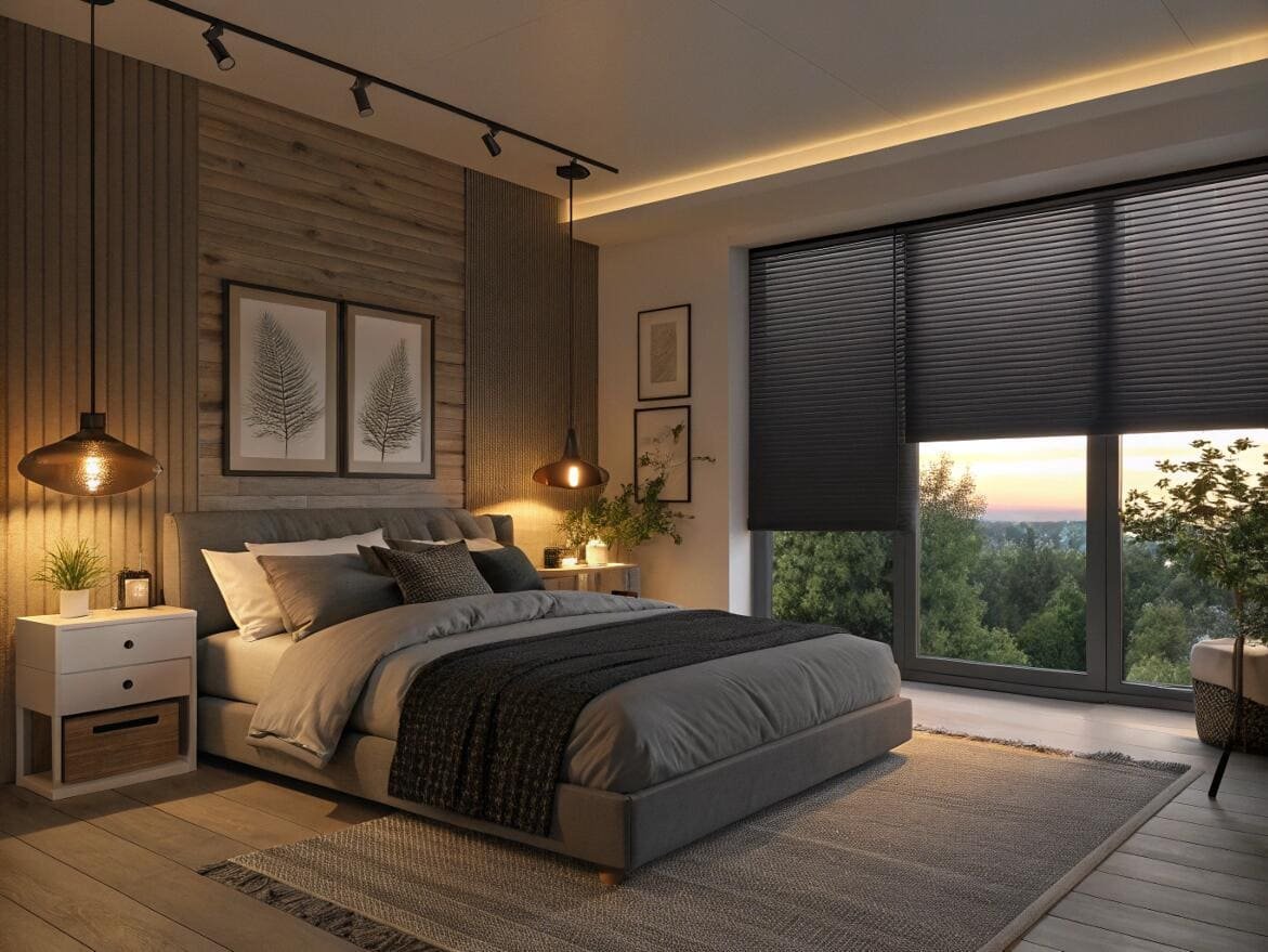 Modern bedroom with a wood accent wall and black blackout cellular shades.