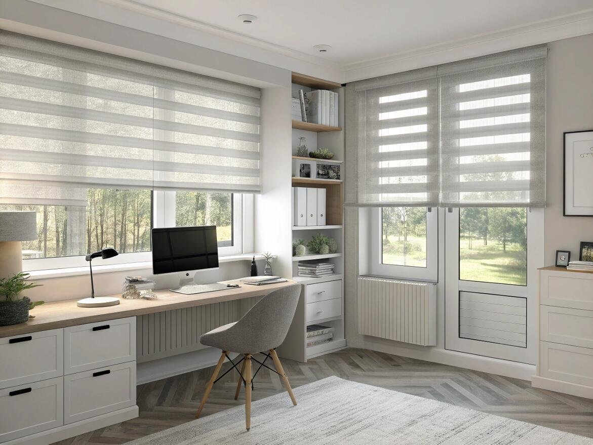 Bright home office featuring light grey, light-filtering zebra shades for a productive workspace.
