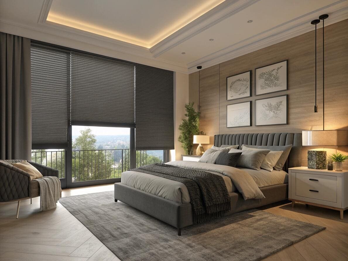 Luxurious modern bedroom featuring dark grey blackout cellular shades for superior light control.