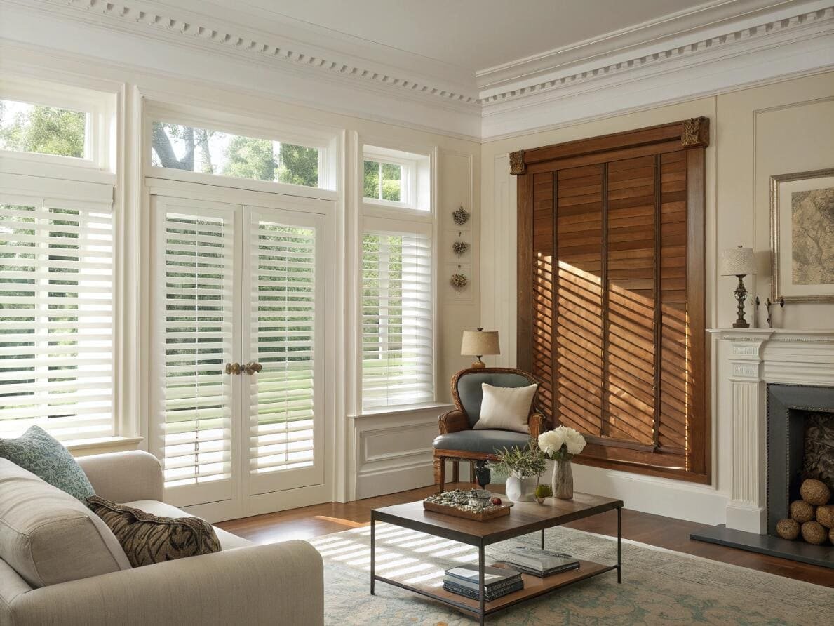 Elegant living room with classic white plantation shutters and a dark wood blind.
