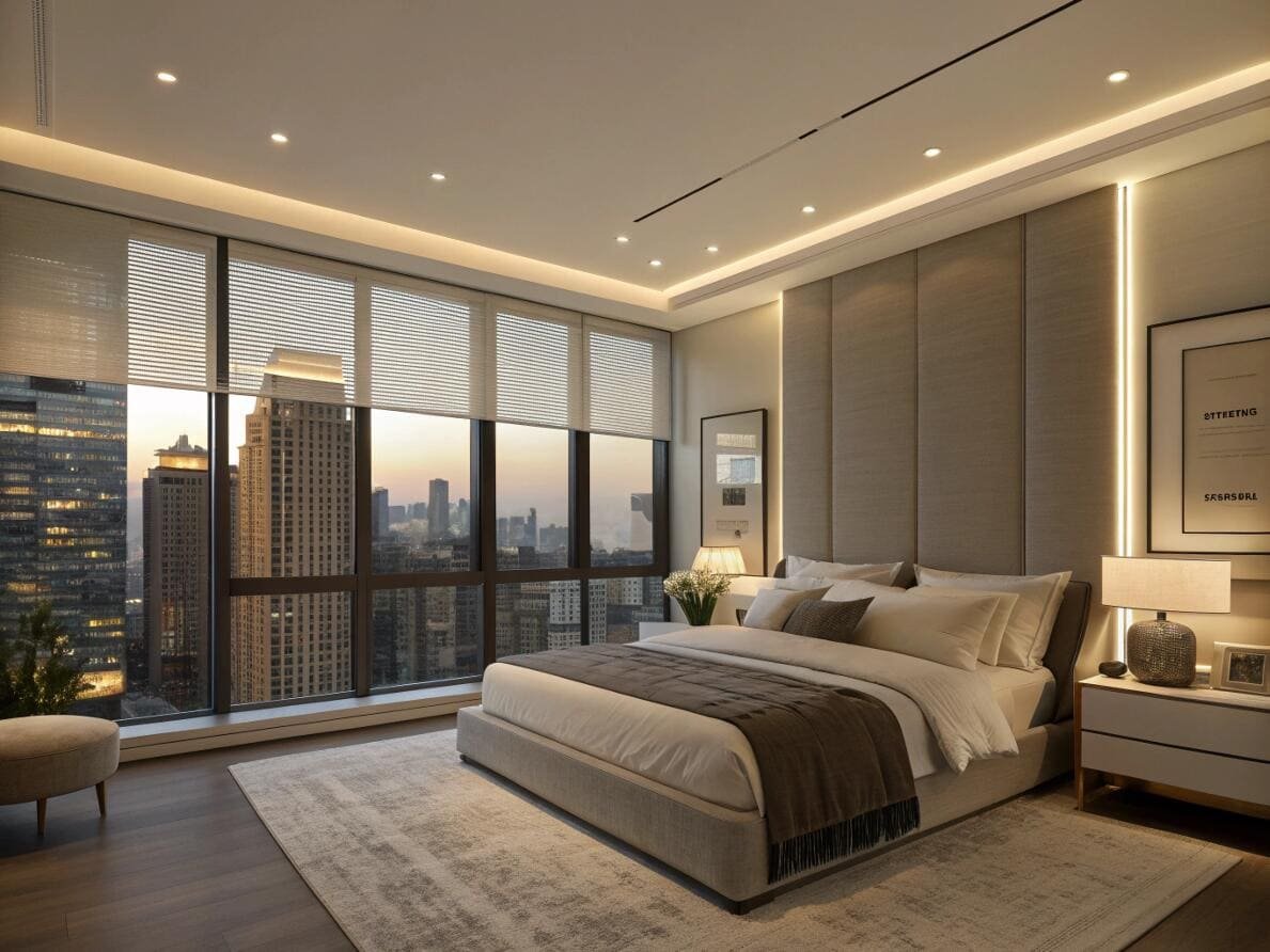 Luxury high-rise bedroom featuring motorized Roman shades with a stunning city view.