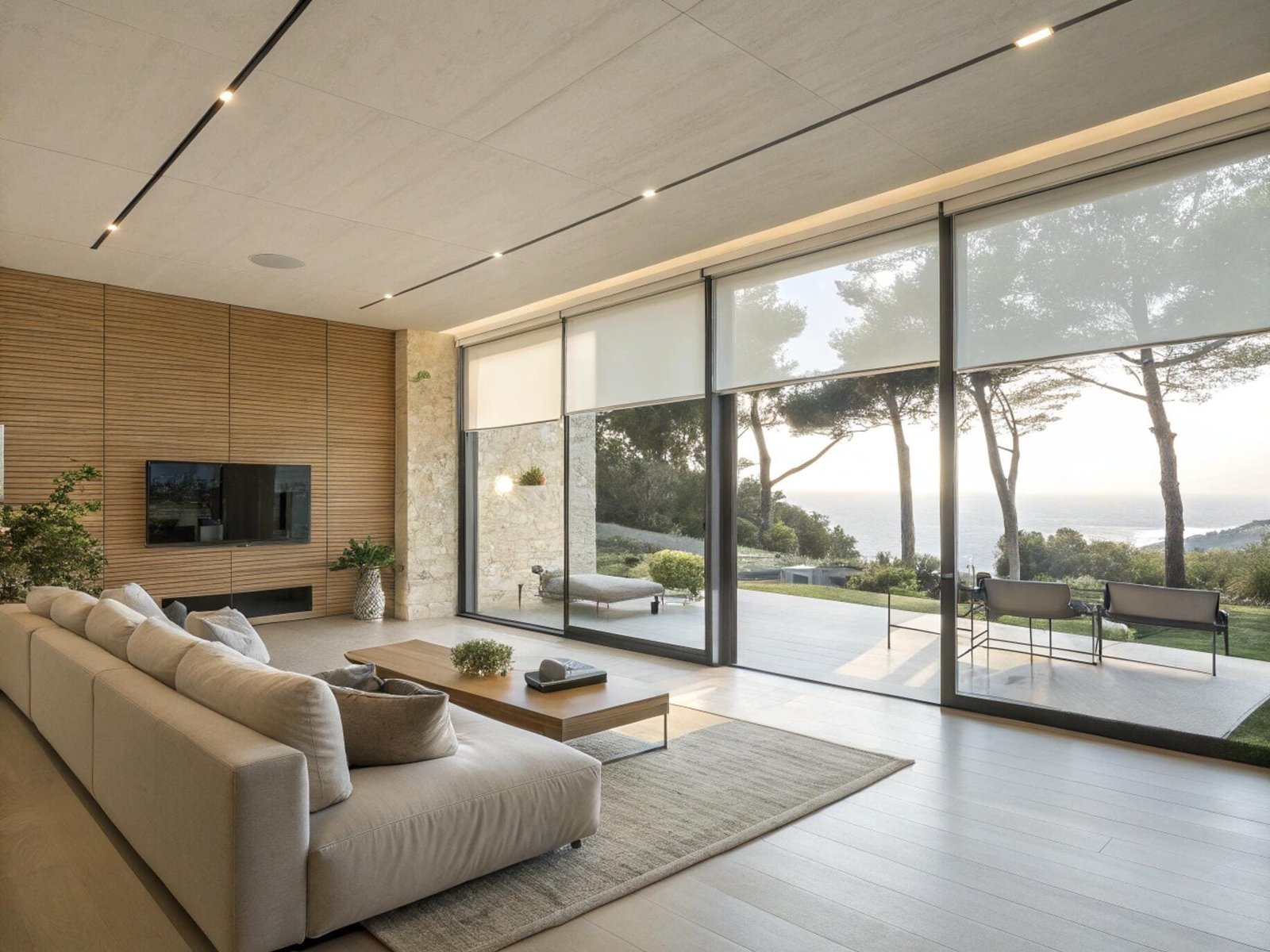 Minimalist living room with motorized roller shades for large sliding glass doors.