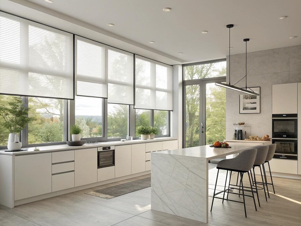 Modern kitchen featuring versatile white top-down bottom-up pleated blinds for light control.