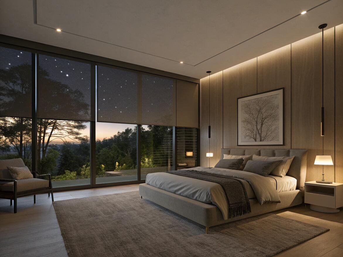 Modern bedroom at night with smart, light-filtering roller shades on expansive windows.
