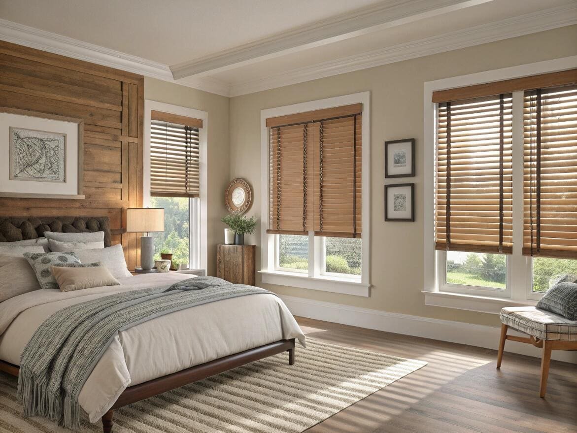 Elegant bedroom featuring natural wood blinds with decorative tapes for a classic, warm design.