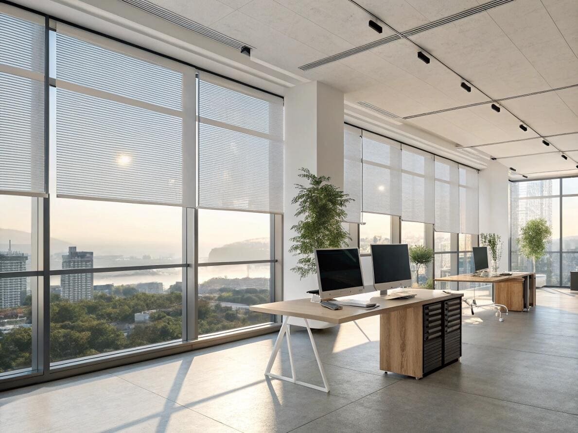 Modern office with light-filtering pleated blinds for commercial project glare and heat control.