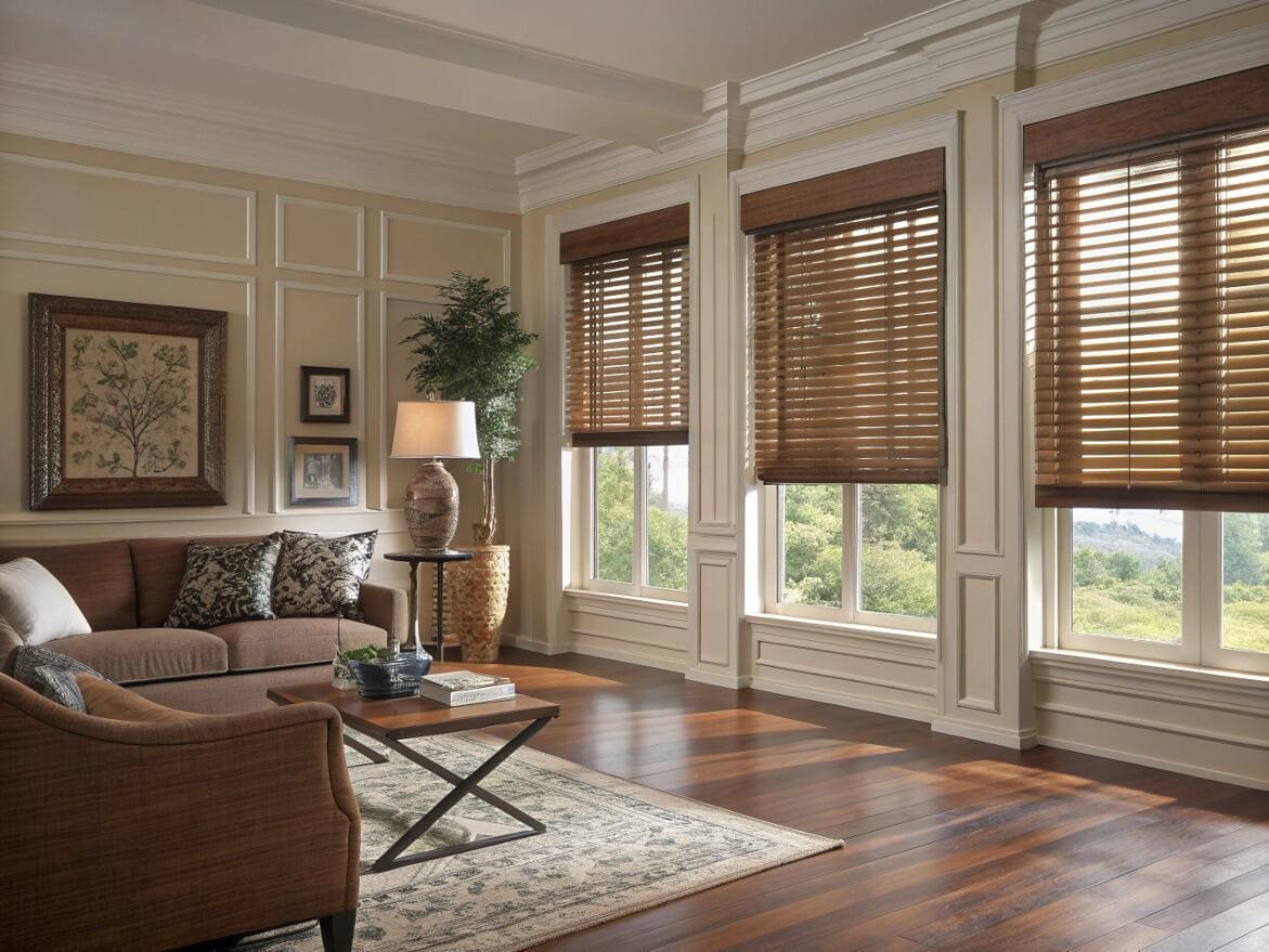 Traditional living room with rich, real wood venetian blinds for classic style.