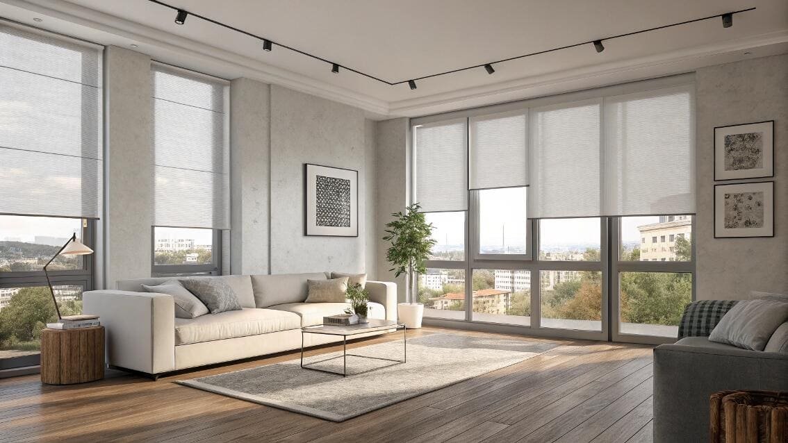 Bright living room with panoramic windows featuring light gray roller shades.