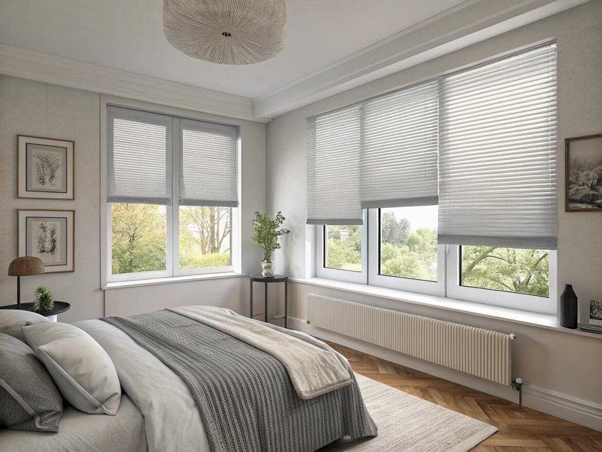 Minimalist bedroom featuring light gray, top-down bottom-up cellular shades for versatile privacy.