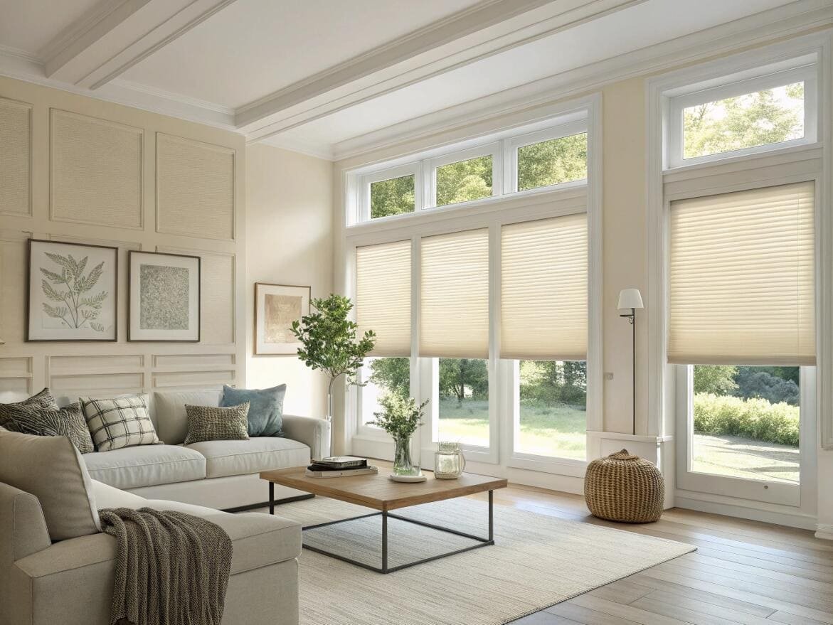 Elegant living room featuring large, cream-colored cellular shades for optimal thermal insulation.