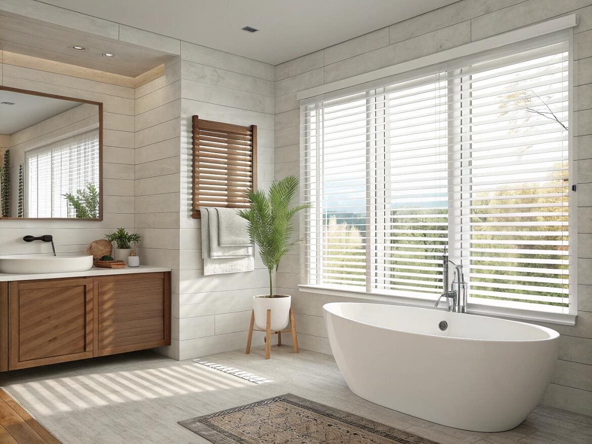 Bright spa bathroom featuring white, moisture-resistant faux wood blinds for adjustable privacy.