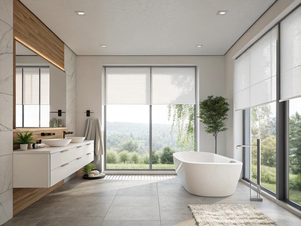 Minimalist bathroom with light-filtering cellular shades for privacy and stunning landscape views.