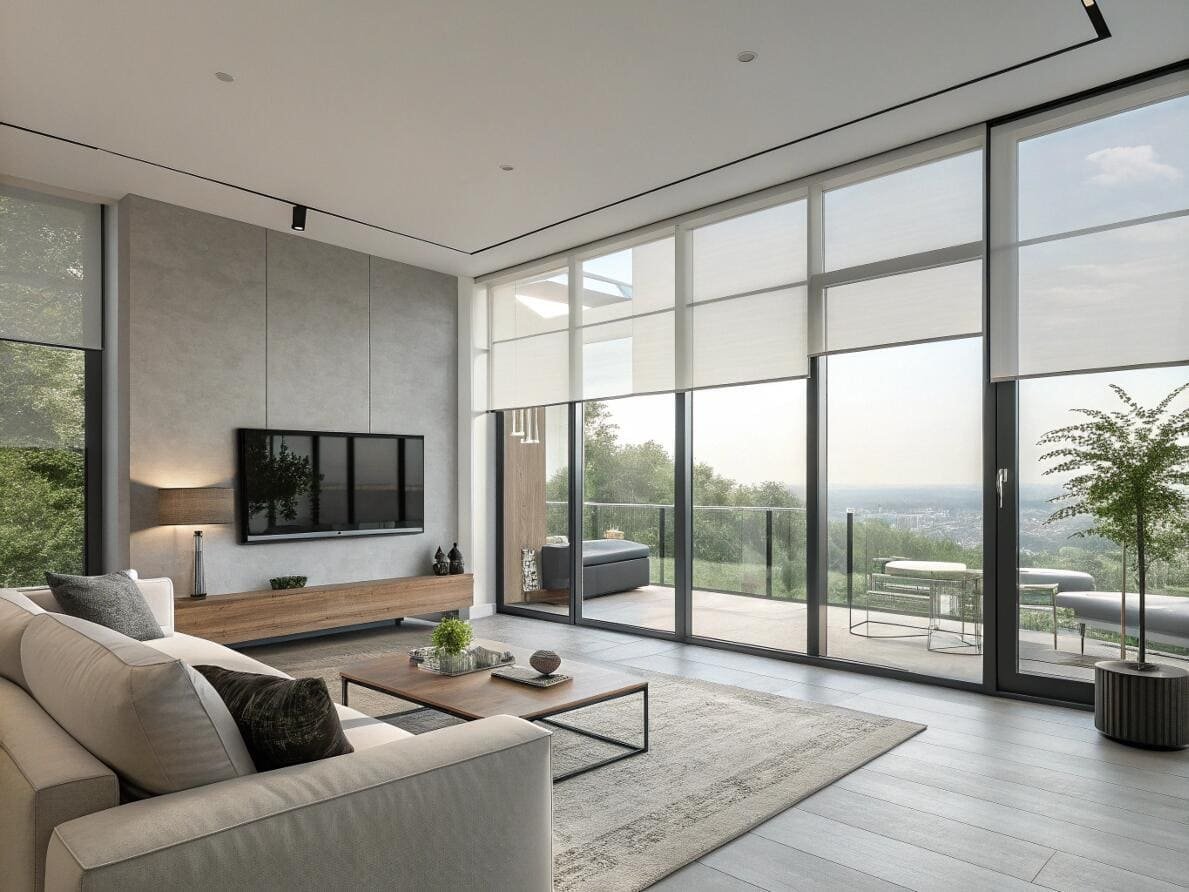 Modern living room with automated solar shades for glare reduction on floor-to-ceiling windows.