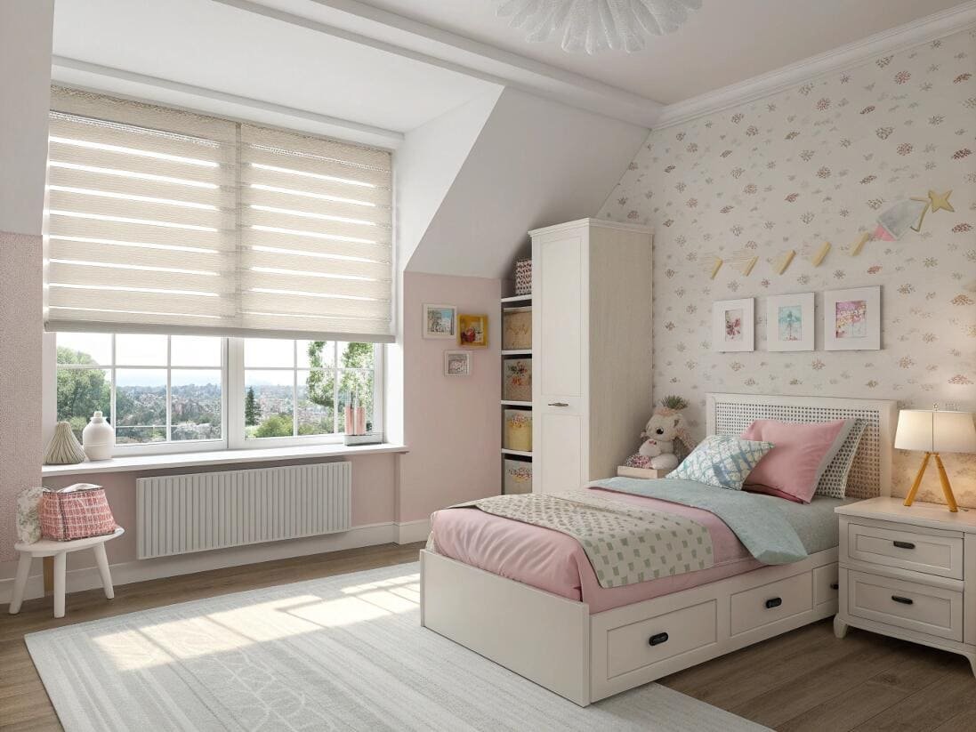Child's bedroom with light-filtering zebra shades providing adjustable privacy and a soft glow.