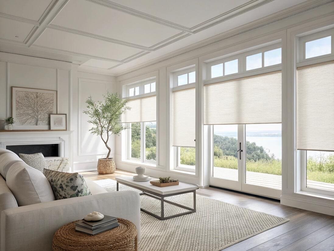 Elegant living room with light-filtering solar shades on large windows overlooking the water.