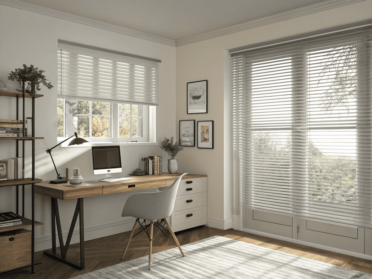 Modern home office with sleek, light gray aluminum blinds for precise light control.