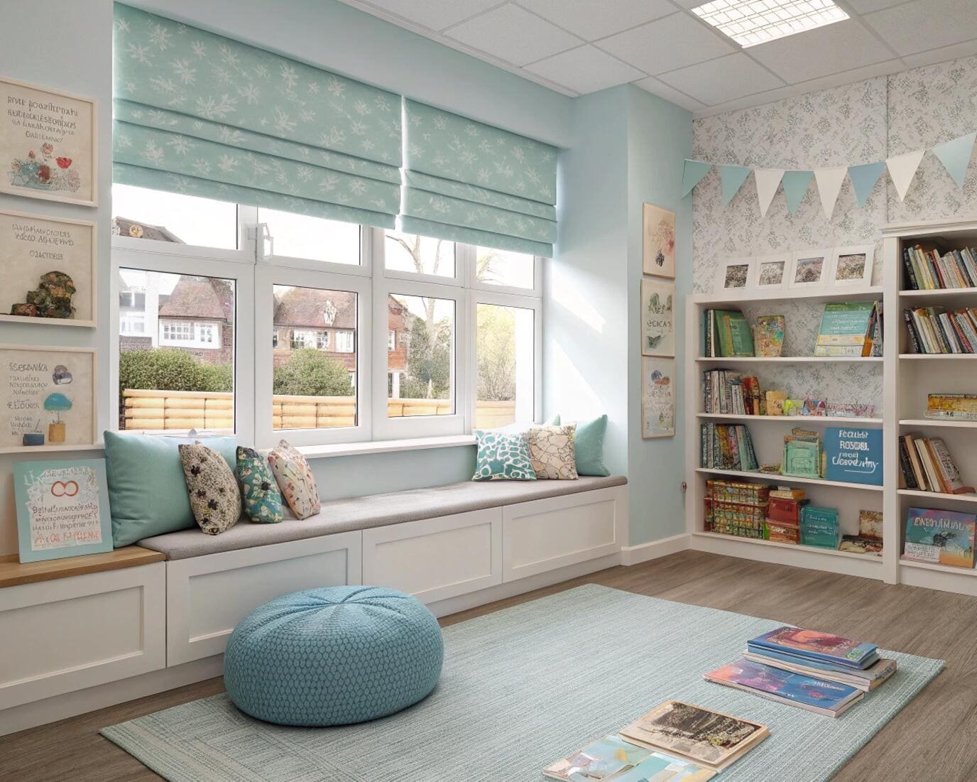 Cheerful kids' room with window seat and patterned blue Roman blinds.