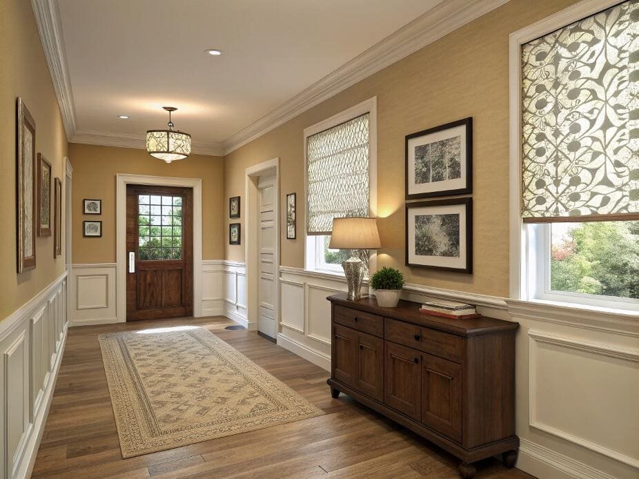 Elegant hallway with decorative patterned roller shades and wooden accents.