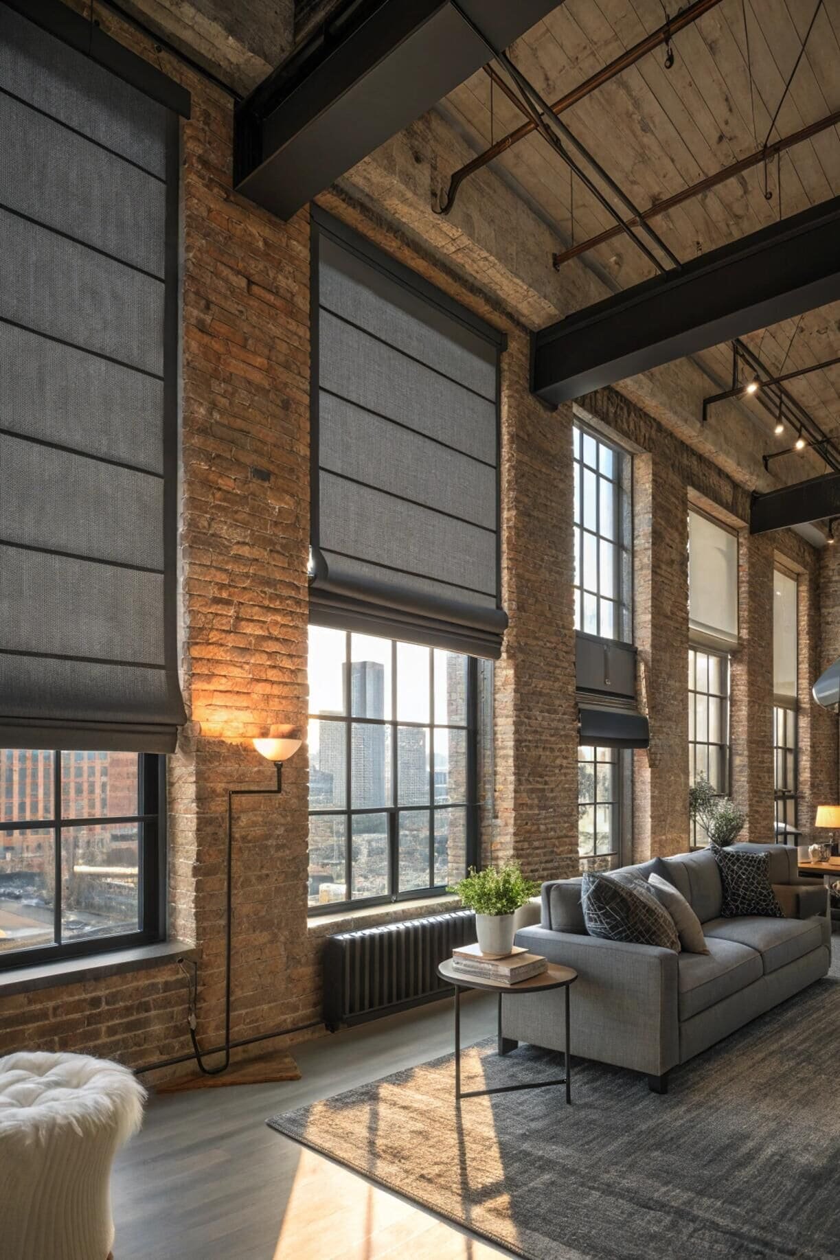 Loft living room with tall dark grey Roman shades.