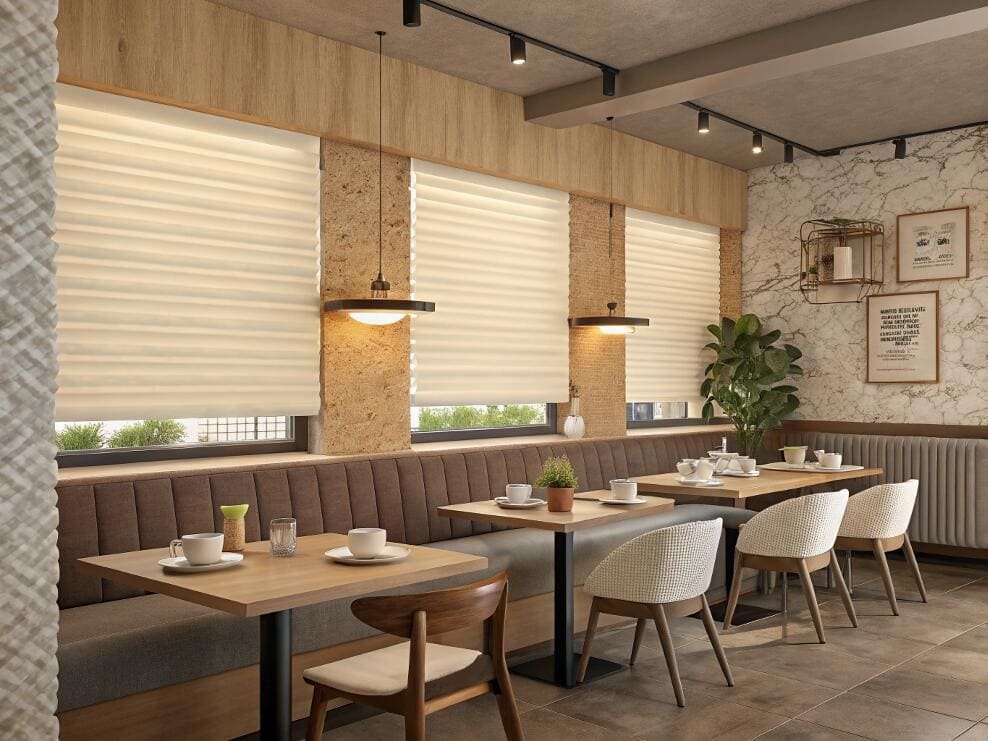 Cozy cafe interior with comfortable seating and light pleated window shades.
