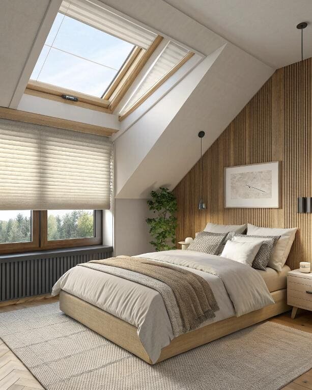 Sloped ceiling bedroom with skylight and light-filtering pleated window shades.