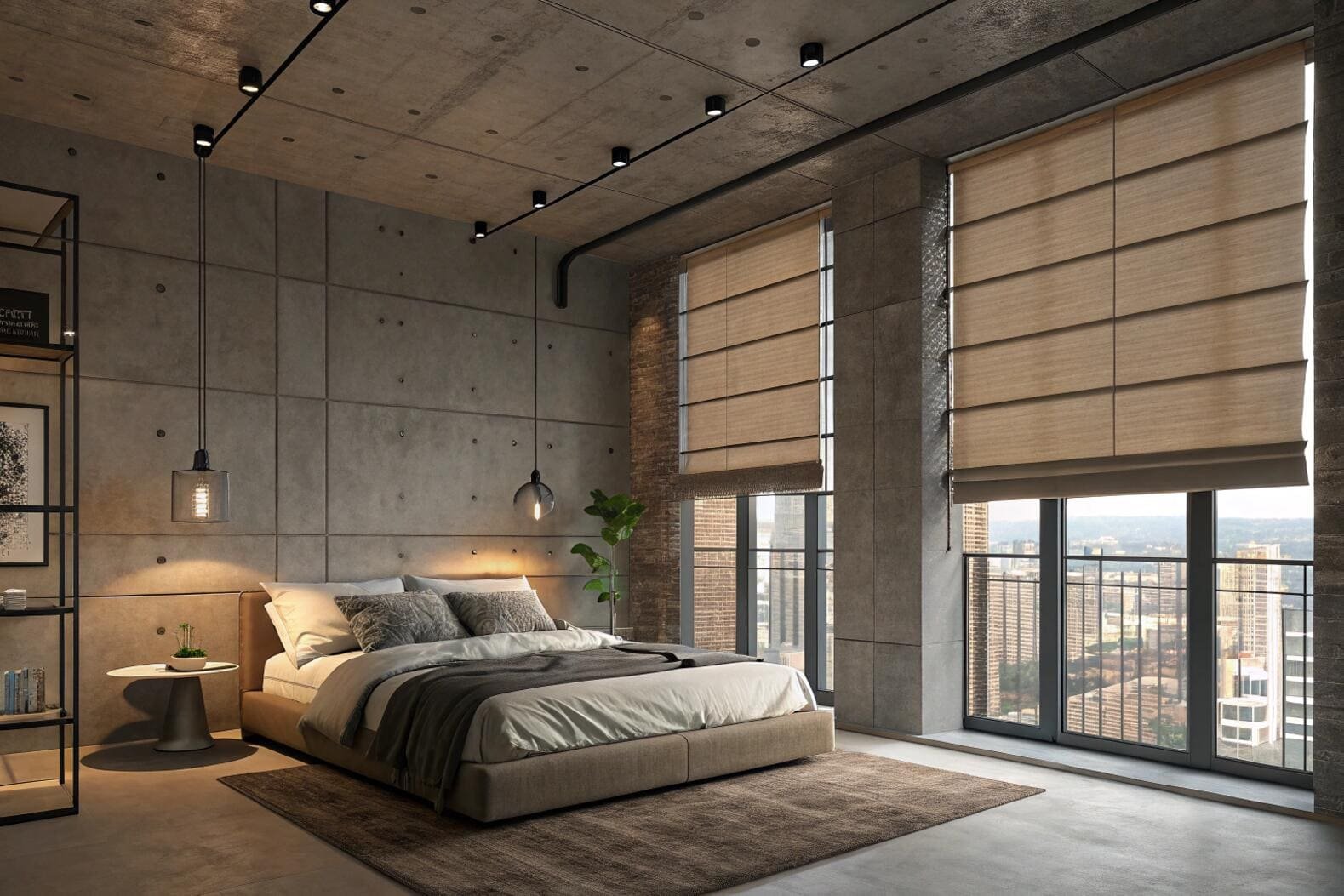 Urban industrial bedroom with city view and beige Roman blinds.