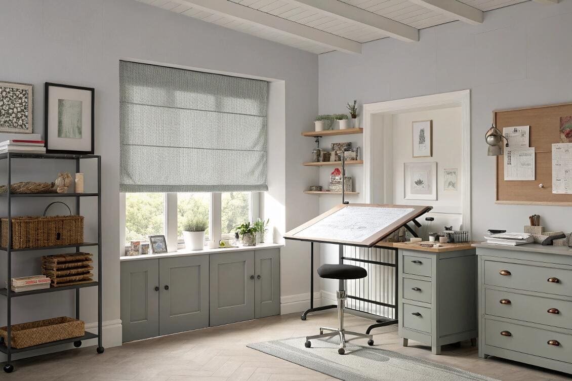Creative home office with light gray decor and patterned Roman shade.