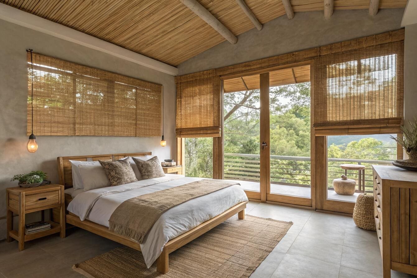 Creative studio with large window featuring a patterned Roman shade.