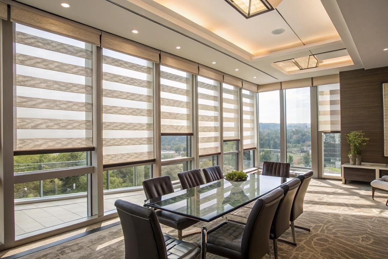 Modern conference room with expansive windows and multiple elegant striped zebra blinds.