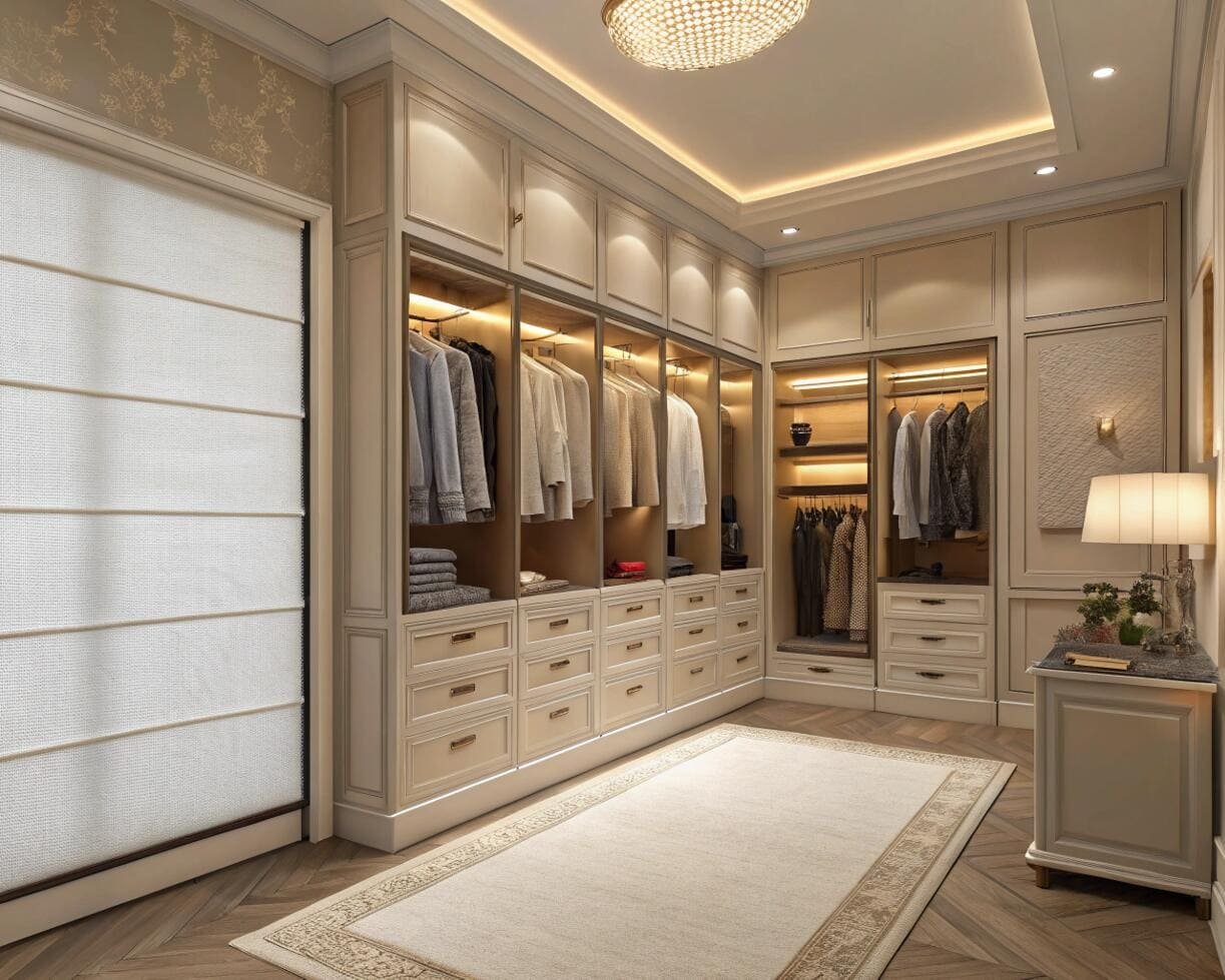 Luxury walk-in closet with a single light Roman shade.