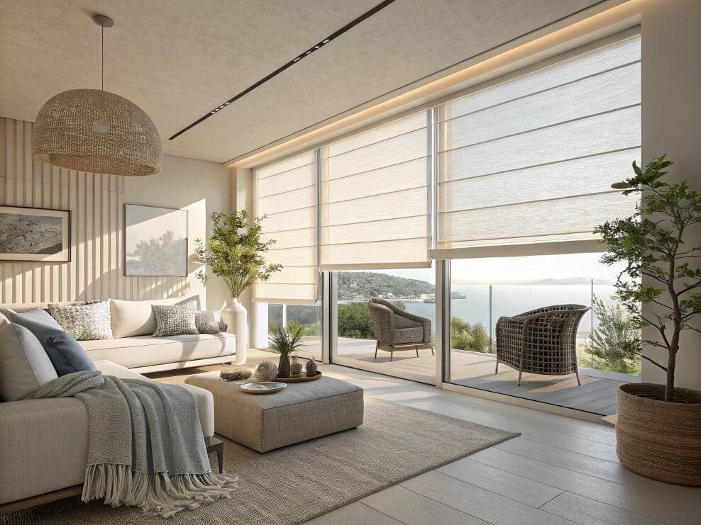 Living room with panoramic ocean view featuring natural Roman window shades.