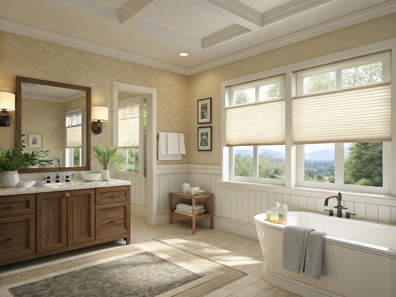 Bright bathroom with large windows featuring privacy-enhancing pleated shades.